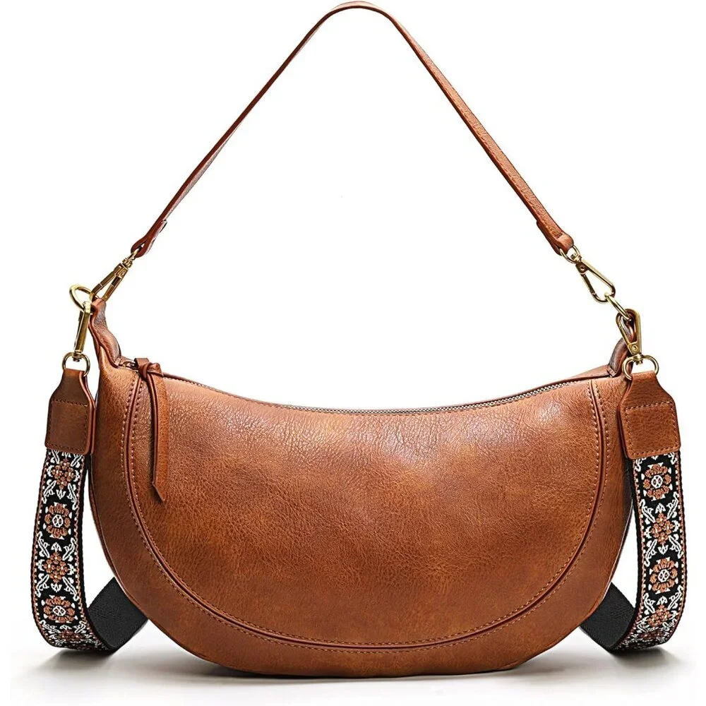 Chic Women’s Crescent Hobo Bag - Spacious Vegan Leather with Zipper Closure